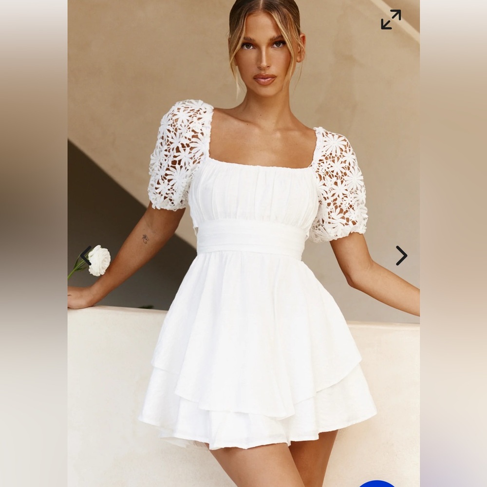 Selfie Leslie - Abby Lace Puff Sleeve Tie-Up Back Dress White